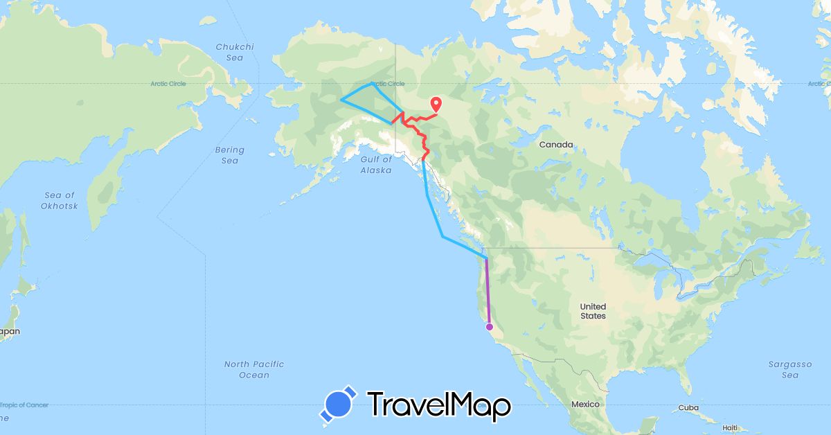 TravelMap itinerary: driving, train, hiking, boat in Canada, United States (North America)